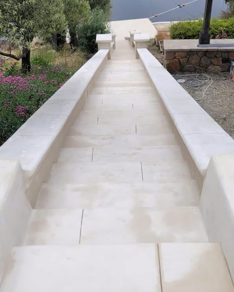 A long pale coated stair running down toward a pond.