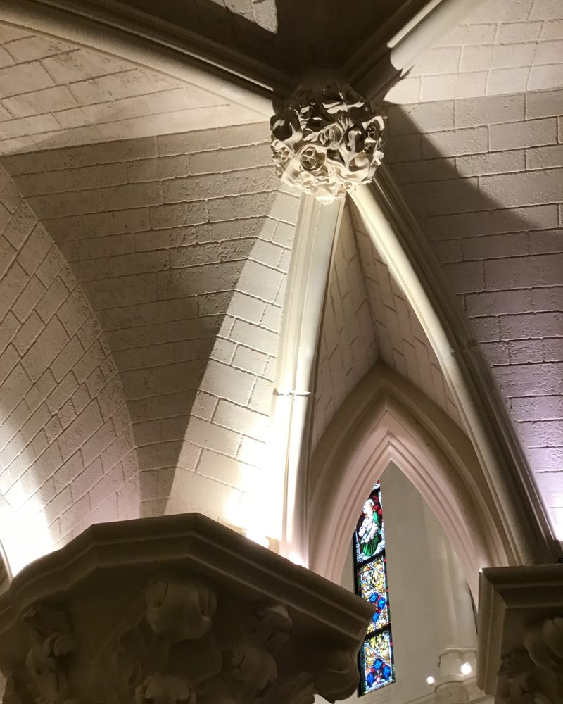 A rib vault of cut-stone blocks in Stonecoat.