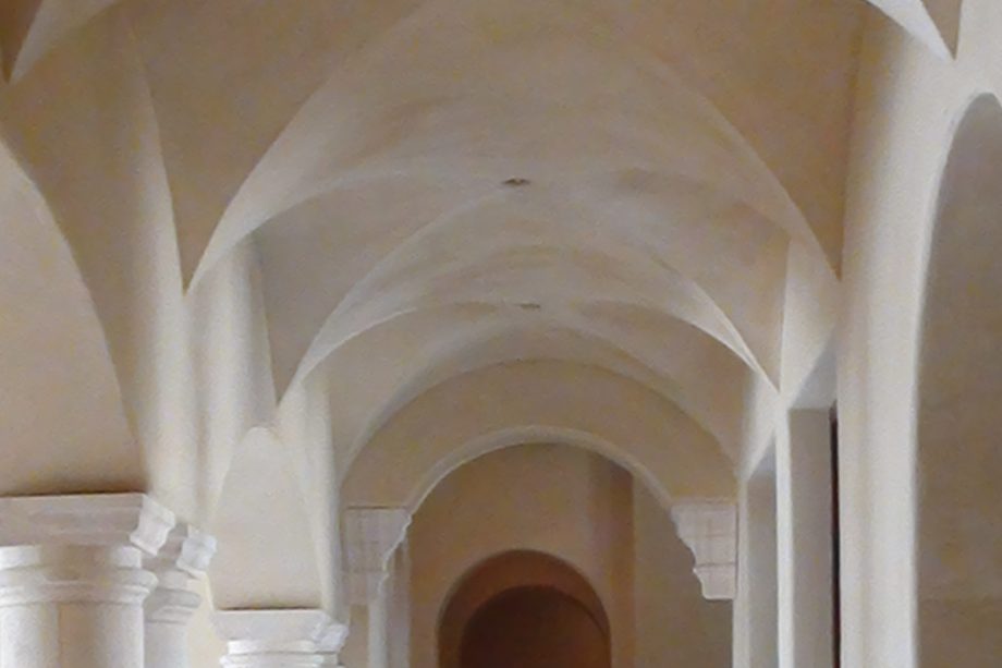 A vaulted arcade ceiling in coated stone.